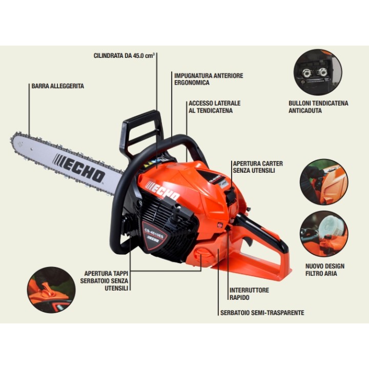 Petrol chainsaw ECHO CS-4510ES 45cc 2.3kW bar length 38cm | Newgardenmac.com