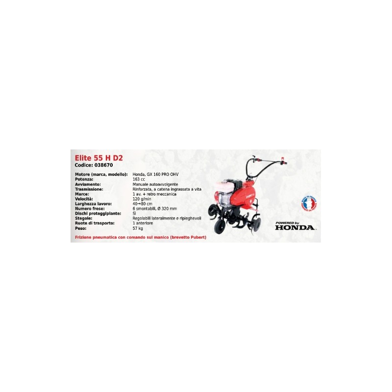 ELITE 55 H D2 SERIE PUBERT motocultor con motor HONDA GX 160 PRO OHV 163 cc