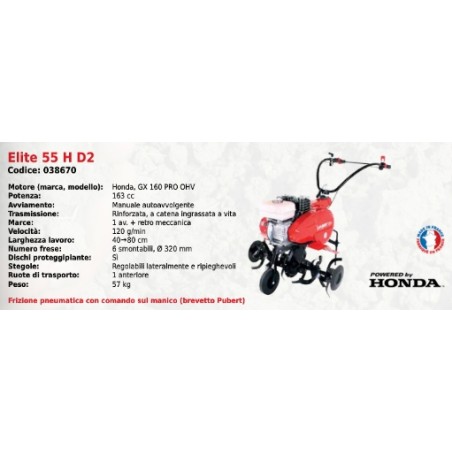 ELITE 55 H D2 SERIE Tracteur à pied PUBERT avec moteur HONDA GX 160 PRO OHV 163 cc | Newgardenmac.com