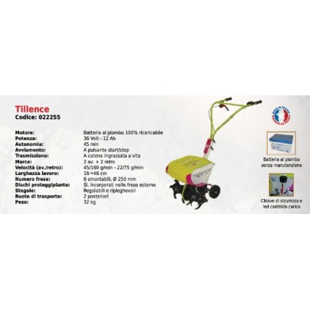 Motozappa TILLENCE SERIE PUBERT a batteria al piombo ricaricabile 36 Volt -12 Ah | Newgardenmac.com