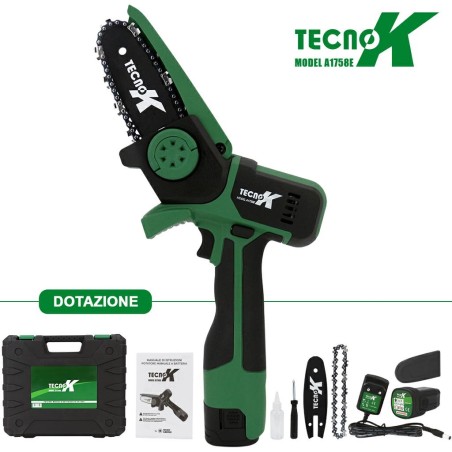 Tecnok A1758E pruner with 2 1.5 Ah batteries and 100 mm cutting battery charger | Newgardenmac.com