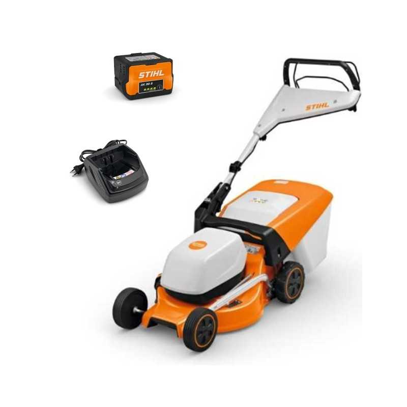 STIHL RMA248T 36V battery-powered lawnmower, 46cm cutting width, 4-in-1 52-liter grass catcher, self-propelled