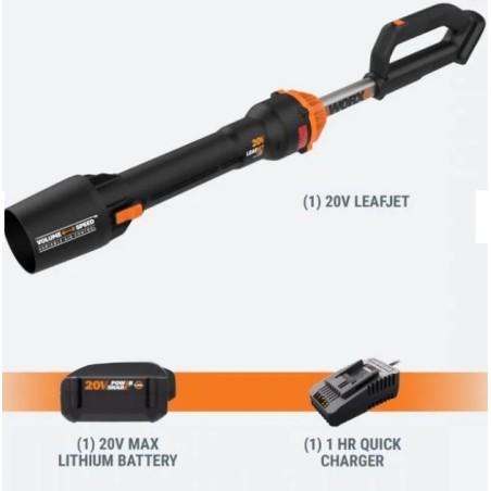 WORX WG543E cordless blower with 20 V 4.0 Ah battery and rapid charger