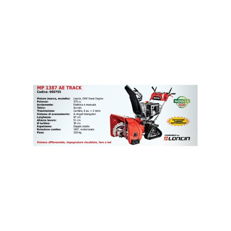 Spazzaneve MAORI MP 1387 AE TRACK con motore LONCIN OHV SNOW ENGINE 375 cc