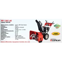 Snow thrower MP 1387 AE MAORI SERIES with LONCIN OHV SNOW ENGINE 375 cc