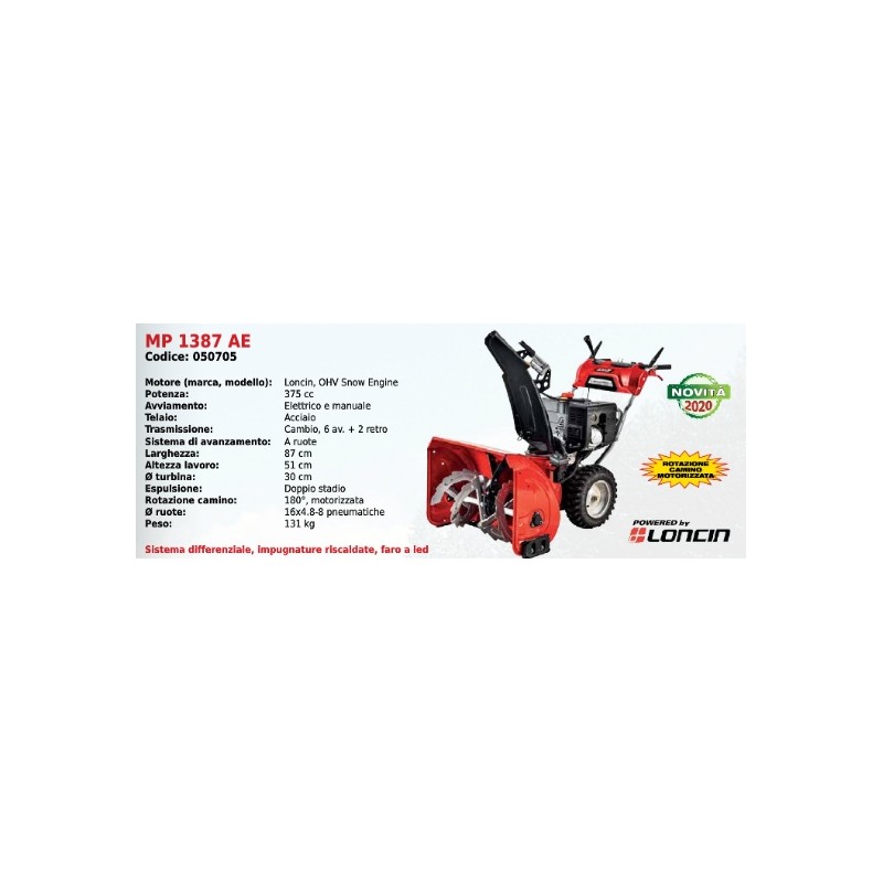 Snow thrower MP 1387 AE MAORI SERIES with LONCIN OHV SNOW ENGINE 375 cc