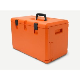 Robusta caja de transporte de plástico naranja para motosierras HUSQVARNA | Newgardenmac.com