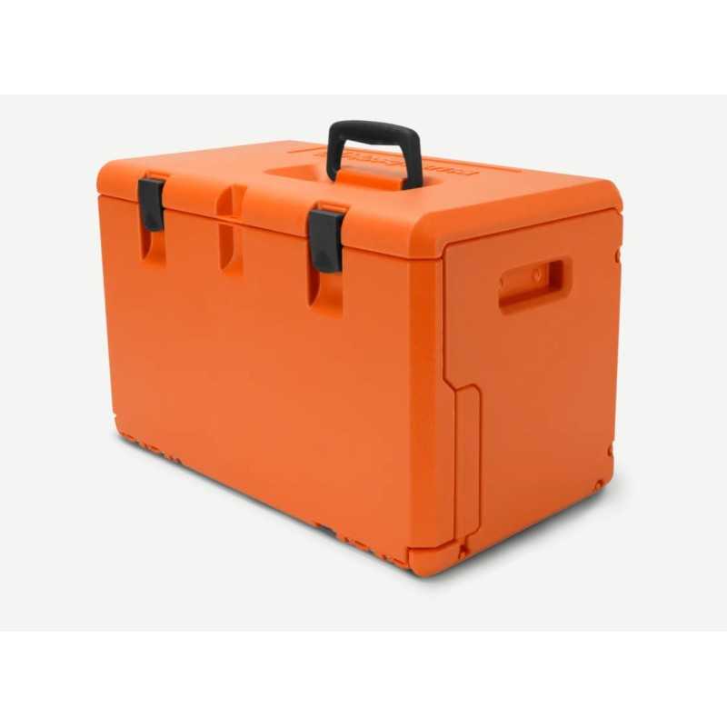 Robust orange plastic transport box for HUSQVARNA chainsaws