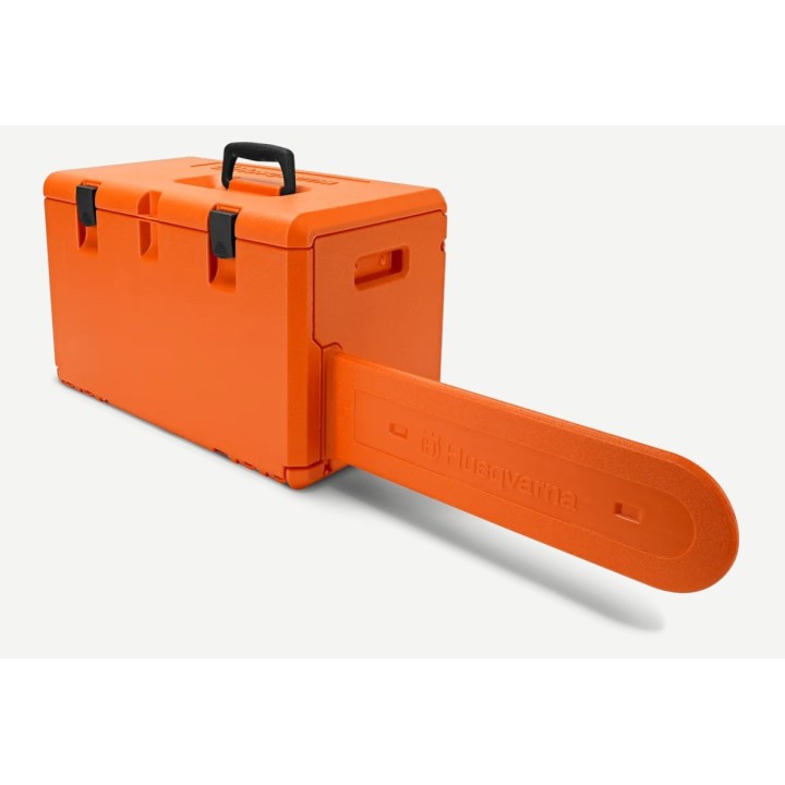 Robusta caja de transporte de plástico naranja para motosierras HUSQVARNA | Newgardenmac.com