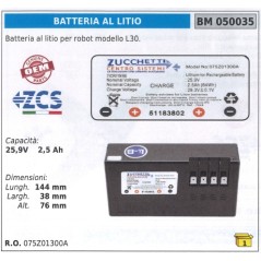 Lithium battery for L30 ZUCCHETTI robot 25.2 V 2.5 Ah 050035 075Z01300A | Newgardenmac.com