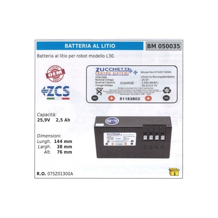 Lithium battery for L30 ZUCCHETTI robot 25.2 V 2.5 Ah 050035 075Z01300A | Newgardenmac.com