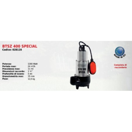 Bomba eléctrica sumergible para aguas residuales BTSZ 400 SPECIAL ELPUMPS 1200 Watt | Newgardenmac.com