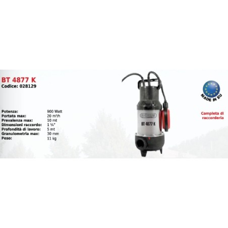 Pompe submersible électrique pour eaux usées BT 4877 K ELPUMPS 900 Watt | Newgardenmac.com