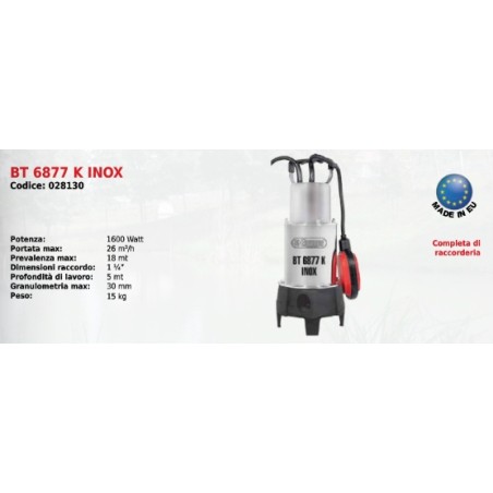 Bomba sumergible para aguas residuales BT 6877 K INOX ELPUMPS 1600 Watt | Newgardenmac.com